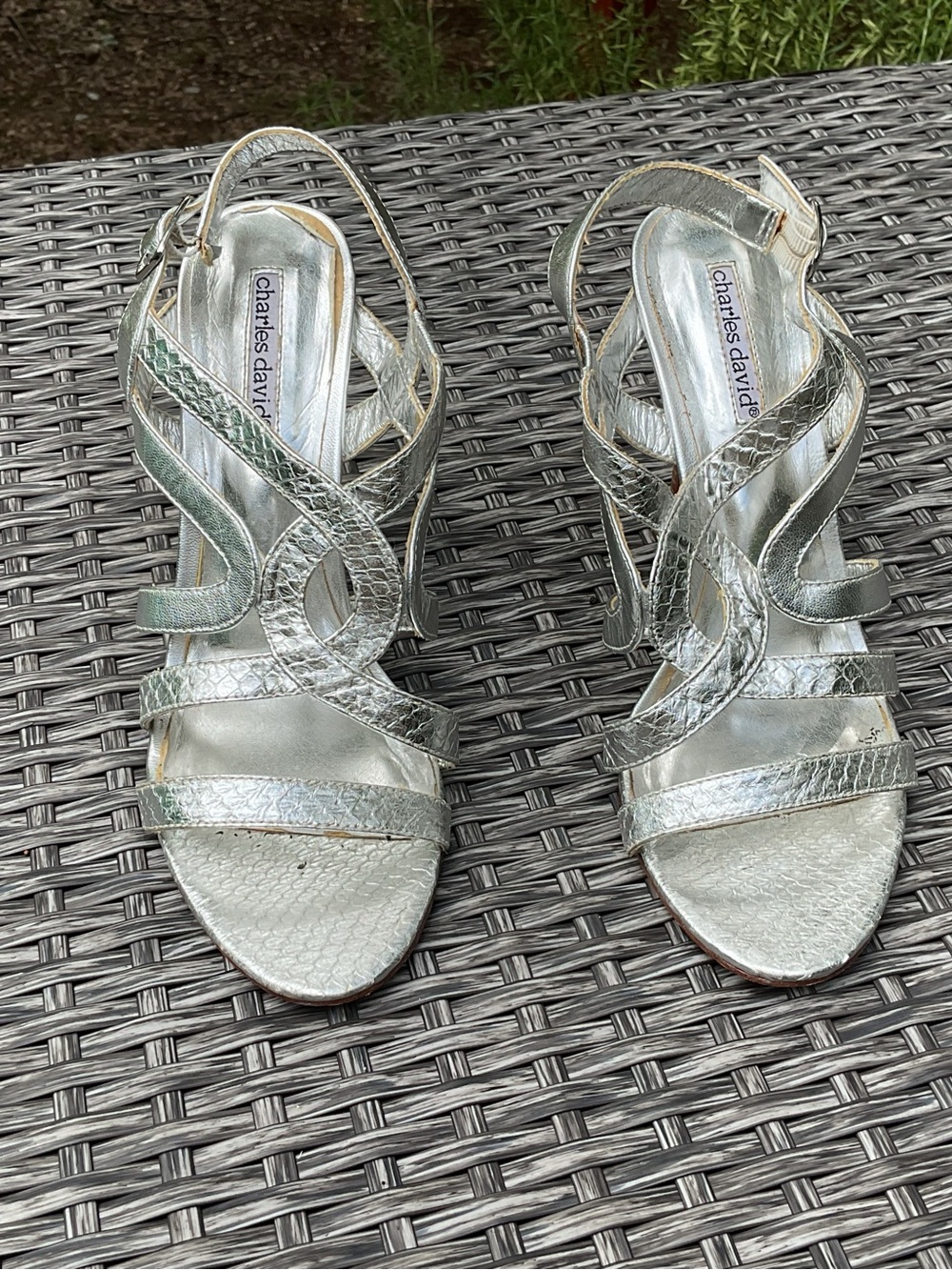 Charles David Silver Metallic Caged Stilletto Heels